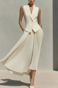 Women Collar Sleeveless Top+ Pleated Skirt Elegant Temperament Commuting Set