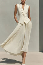 Women Collar Sleeveless Top+ Pleated Skirt Elegant Temperament Commuting Set