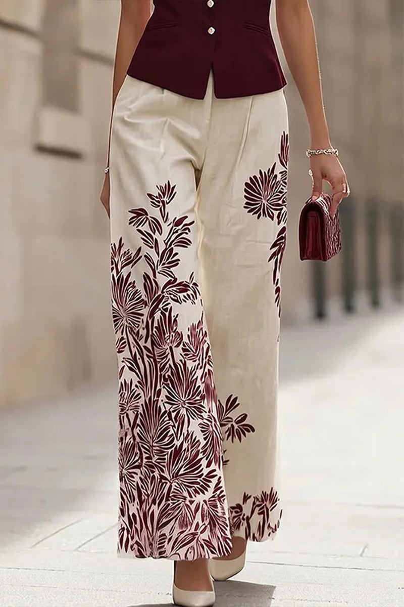 Women Round Neck Sleeveless Top+ Printed Pants Elegant Temperament Set