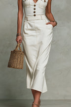 Women V-neck Patchwork Pocket Casual Denim Dress