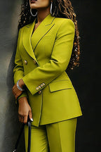 Women Solid Olive Structured Shoulder Double Breasted Pocket Blazer Or Solid Olive Tailored High Waist Straight Knee Length Suit Shorts