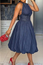 Women Round Neck Sleeveless Waist Cinched Elegant Temperament Dress