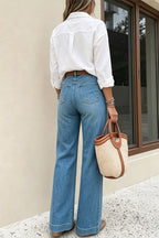 Women Light Blue Washed High Waist Side White Buttons Wide Leg Denim Jeans