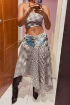 Women Black White Gingham Strapless Scallop Hem Slim Cropped Tube Top Or Bleach Denim Waist Patchwork Black White Gingham Asymmetrical Midi Skirt