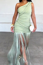 Women's Elegant One Shoulder Fringe Hem Maxi Dress