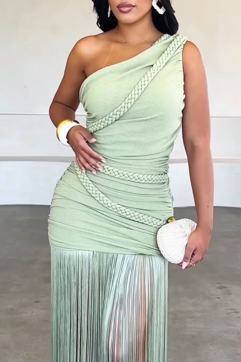 Women's Elegant One Shoulder Fringe Hem Maxi Dress