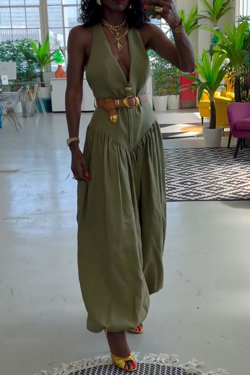 Womens V-neck Sleeveless Patchwork Solid Color Casual Jumpsuit