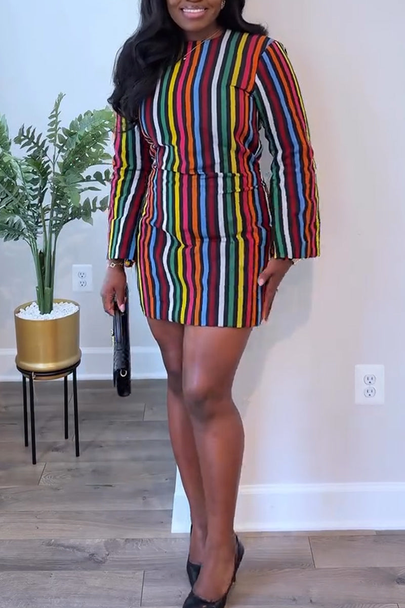 Women Round Neck Colorful Vertical Stripe Elegant Casual Mini Dresses