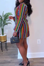 Women Round Neck Colorful Vertical Stripe Elegant Casual Mini Dresses