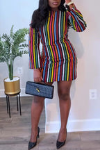 Women Round Neck Colorful Vertical Stripe Elegant Casual Mini Dresses