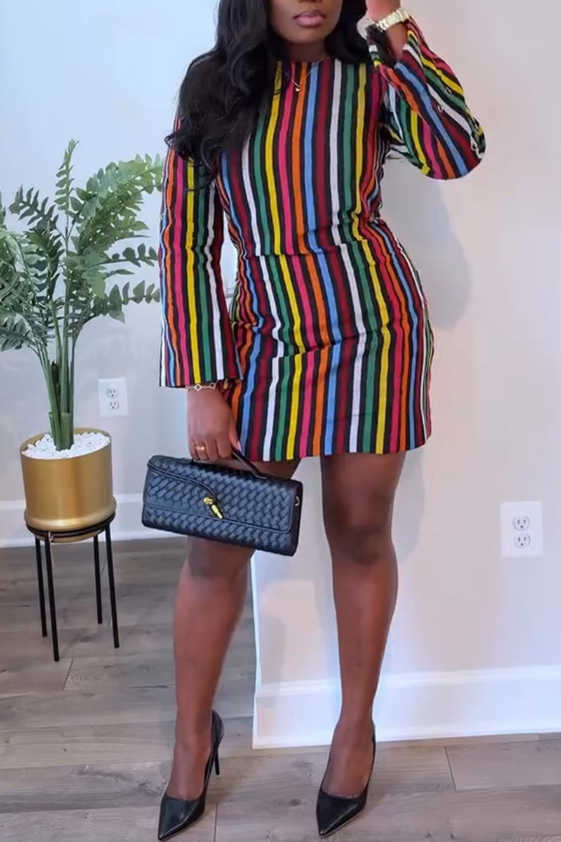 Women Round Neck Colorful Vertical Stripe Elegant Casual Mini Dresses