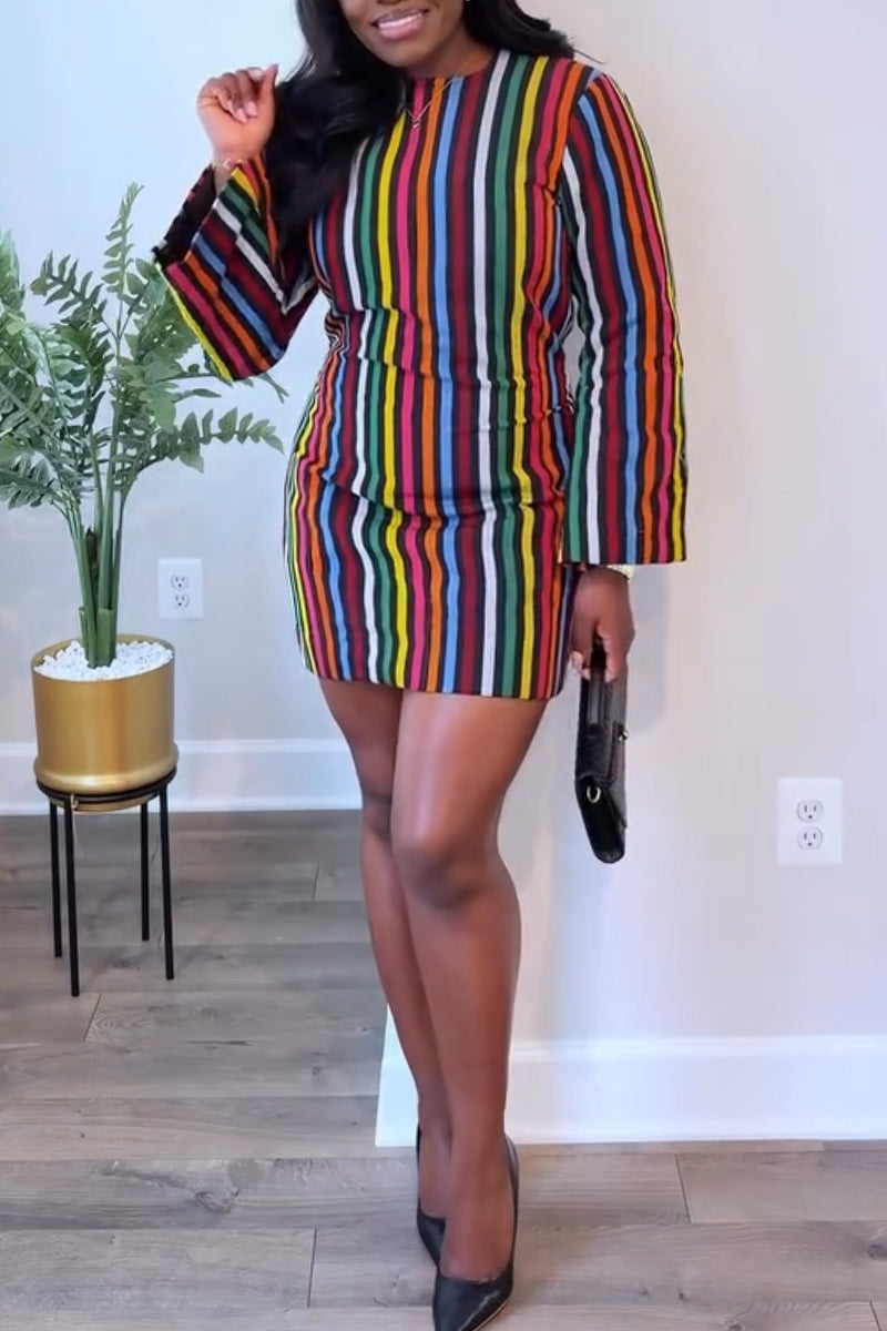 Women Round Neck Colorful Vertical Stripe Elegant Casual Mini Dresses