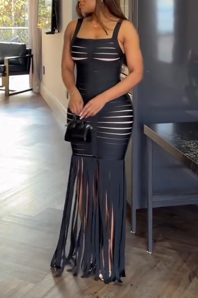 Women Spaghetti Strap Patchwork Tassel Waist Cinching Sexy Casual Maxi Dresses