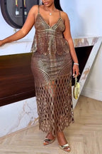 Women Metallic Gloss Hollow Knitted Strap+Half Skirt Elegant Casual Set