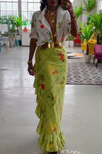 Women Vacation Casual Style Flip Collar Printed Shirt or Patchwork Skirt