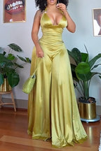 Women Neck Hanging Top+ Wide Leg Pants Satin Sexy Casual Suit