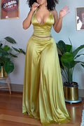 Women Neck Hanging Top+ Wide Leg Pants Satin Sexy Casual Suit