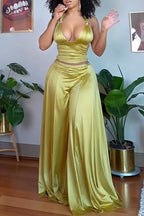 Women Neck Hanging Top+ Wide Leg Pants Satin Sexy Casual Suit
