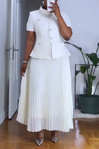 Women's Elegant Button Front Vest Pleated Skirt Two Piece Set