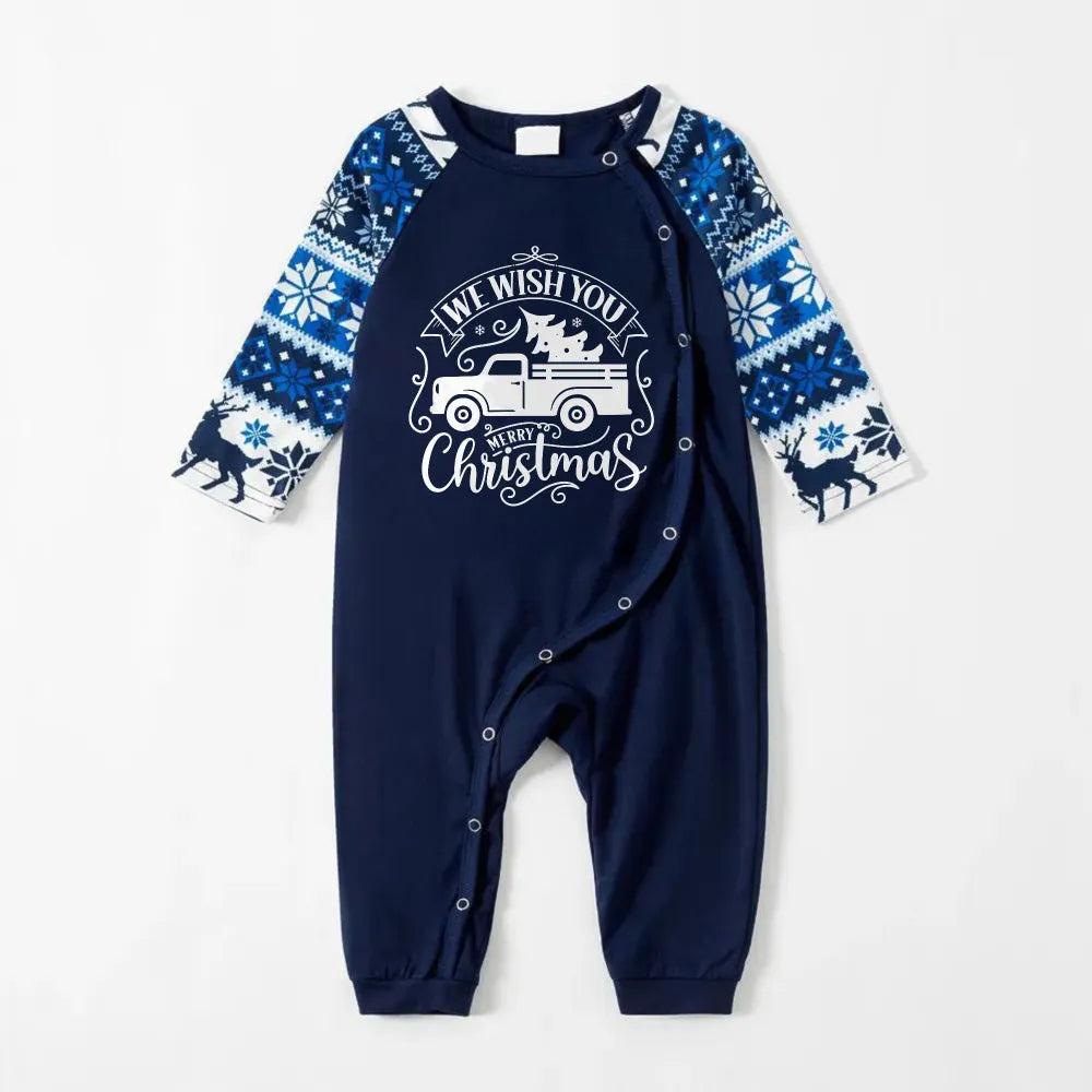 Joyful Blue Christmas Pajamas Set  With Christmas Tree and Car Print