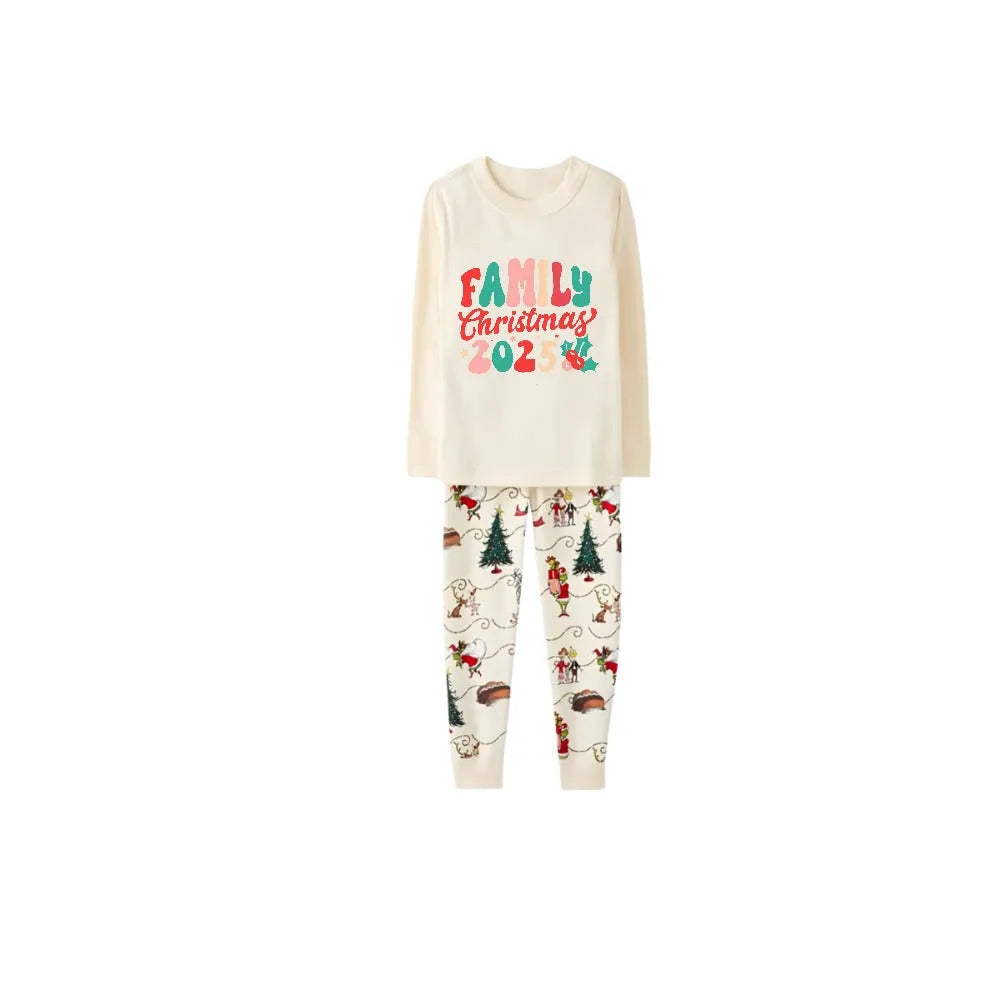 Beige Christmas Pattern Print Christmas Pajamas Set With Colorful "Family Christmas 2025" Text Print