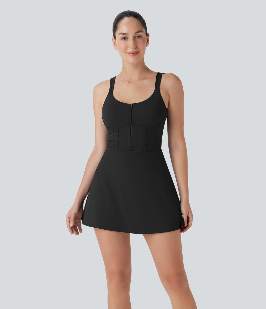 SoftlyZeroTM QuickDry Zip Corset 2-in-1 Mini Dance Active Dress with Pockets-Easy Peezy Edition