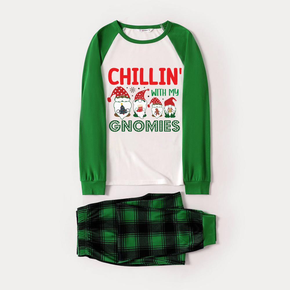 Green Raglan Top Green Plaid Christmas Pajamas Set With Christmas Gnomes and "CHILLIN' WITH MY GNOMIES" Print