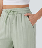 Women Summer High Waisted Drawstring Pocket Wide Leg Casual Linen-Feel Pants