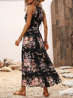 Women's Floral Print Split Thigh Halter Dress, Elegant Chic Boho Style Tie Back Design Long Dress for Spring Summer Fall, Bohemian