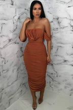 Bardot Cowl Neck Ruched Midi Dress