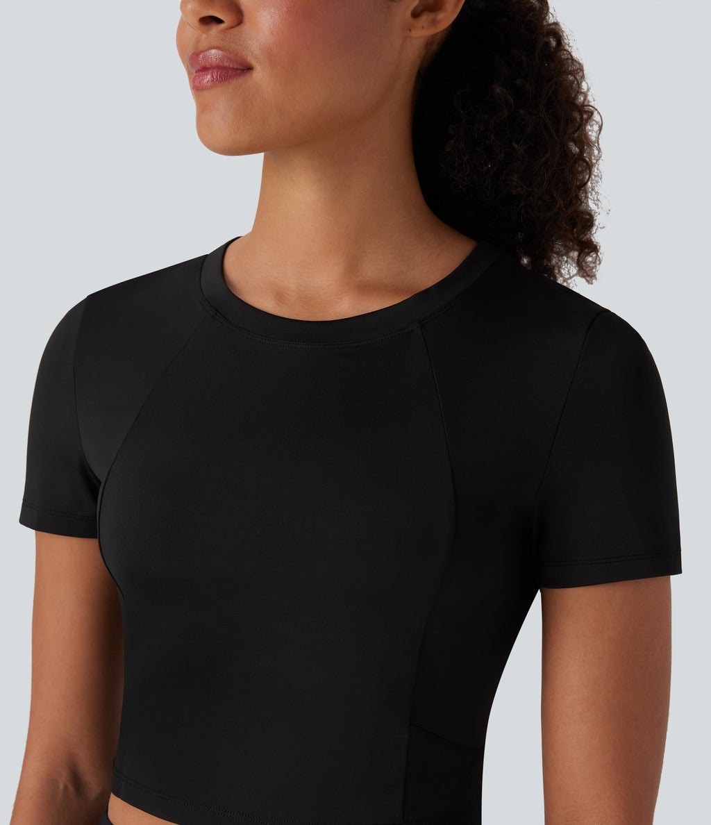 Round Neck Short Sleeve Contrast Mesh Cropped Yoga Sports Top