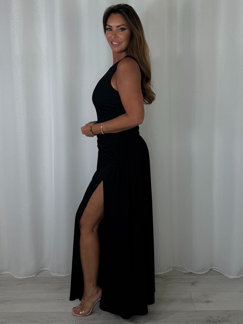 Round Neck Ruched Gold Buckle Side Split Maxi Dress (6 Colours)
