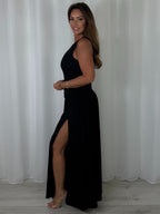 Round Neck Ruched Gold Buckle Side Split Maxi Dress (6 Colours)