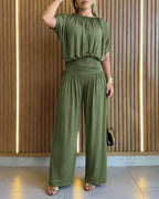 Women's Batwing Sleeve Jumpsuit High Waisted Ruched Wide Leg Overalls Elegant One Piece Outfit