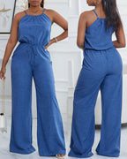 Womens Spaghetti Strap Drawstring Tied Waist Jumpsuit Casual Overalls