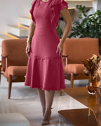 Butterfly Sleeve Hollow-out Back Shirred Dress Casual Cinched Waist Lace Trim Ruffle Hem Commuting Dress
