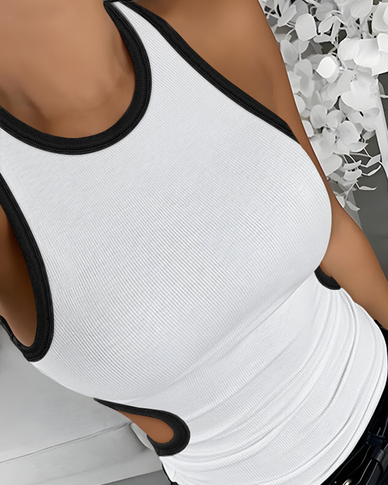 Women's Ribbed Contrast Trim Tank Top Sleeveless Crew Neck Cutout Slim Fit Stretch Casual Top