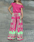 CHICME Women's 2 Piece Set Skew Neck Drawstring Top and High Waisted Wide Leg Tropical Print Pants with Pockets