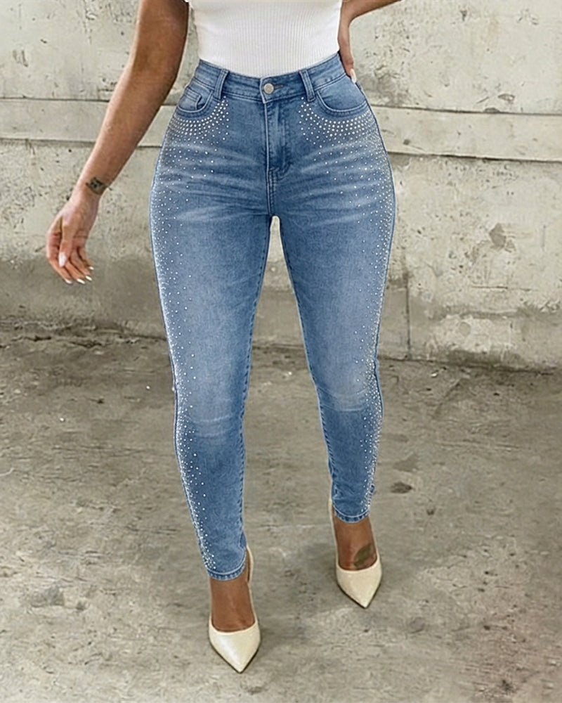 Rhinestone Decor High Waist Zipper Fly Skinny Jeans Washed Denim Pants without Belt