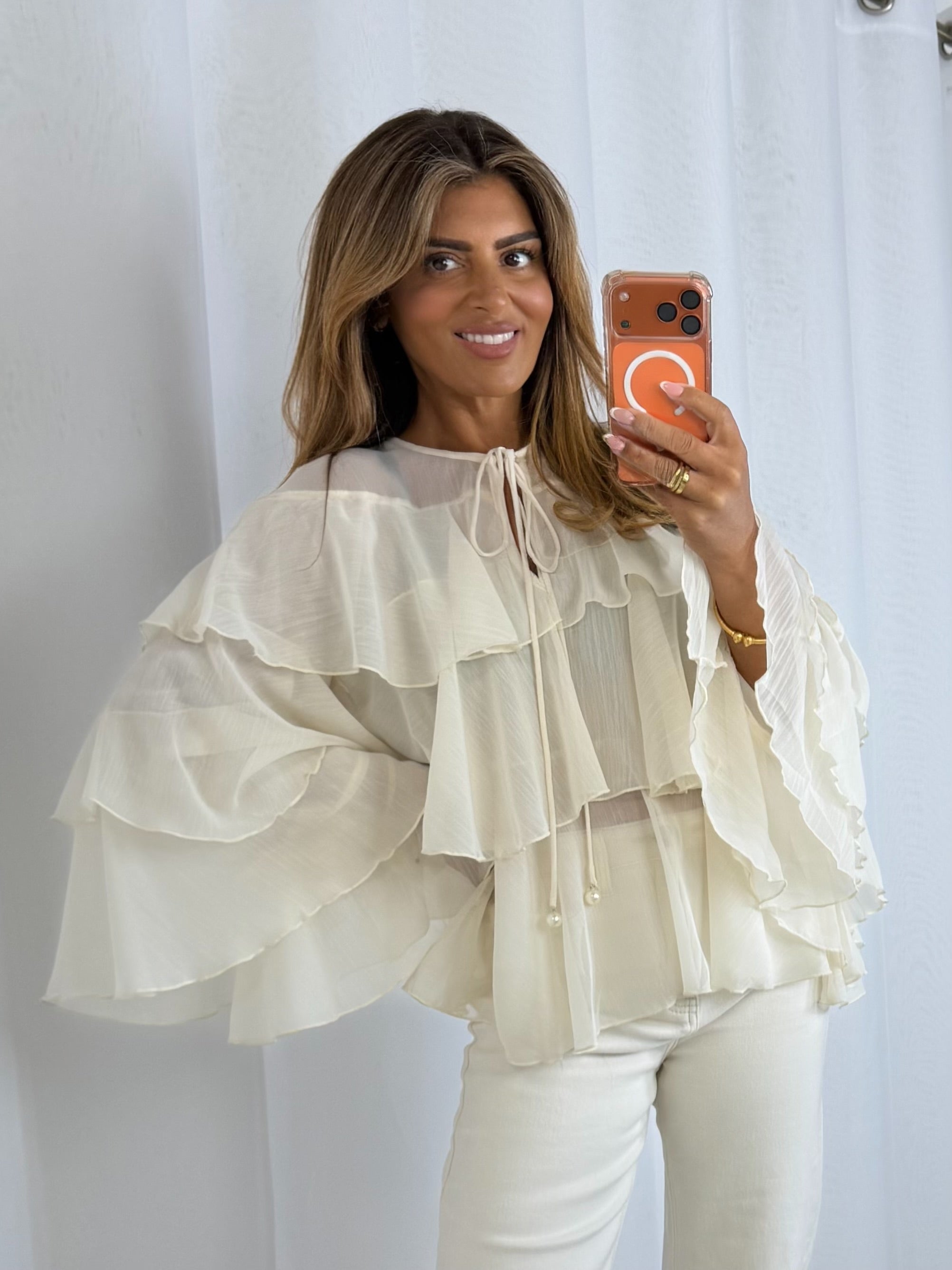 Keyhole Pearl Button Frill Layered Blouse (2 Colours)