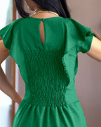 Butterfly Sleeve Hollow-out Back Shirred Dress Casual Cinched Waist Lace Trim Ruffle Hem Commuting Dress