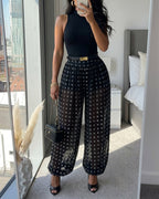 CHICME Women's Polka Dot Sheer Lantern Pants High Waist Loose Fit Harem Pants Vintage See-Through Trousers with Lining