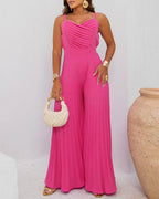 Pleated Design V Neck Adjustable Spaghetti Straps Cinched Waist Overalls Casual Pleated Flared Jumpsuit