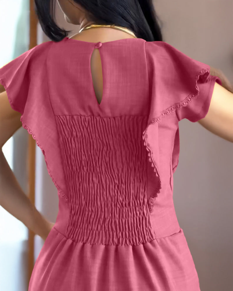 Butterfly Sleeve Hollow-out Back Shirred Dress Casual Cinched Waist Lace Trim Ruffle Hem Commuting Dress