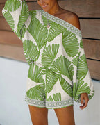 Women's Tropical Leaf Print 2 Piece Set Skew Neck Lantern Sleeve Top and Elastic Waist Shorts with Pockets & Lace