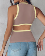 Women's Ribbed Contrast Trim Tank Top Sleeveless Crew Neck Cutout Slim Fit Stretch Casual Top