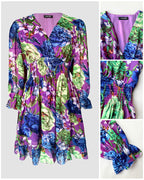 Floral Print Overlap V Neck Long Sleeve Shirred Waist Ruffle Hem Dress Casual Cinched Waist Flared Cuffs Chiffon Vacation Dress with Lining