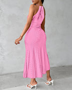 Adjustable Halter Hollow-out Back Ruched Front Slit Dress Guipure Lace Yoke Eyelet Embroidery Vacation Dress
