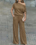 Women's Two-Piece Rhinestone Lounge Suit Skew Neck Top and Wide-Leg Pant Set Elegant Commuter Outfit with Pockets