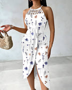 Watercolor Ditsy Floral Print Halter Tie Hollow-out Criss Cross Spliced Front Ruched Dress Casual Draped Slit Front Vacation Dress